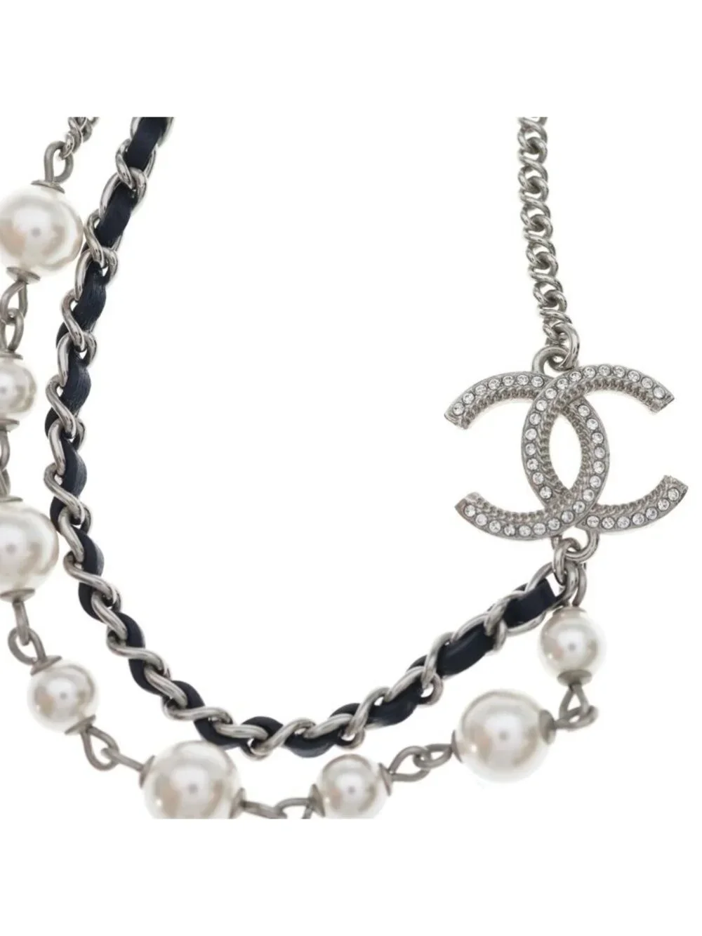 Chanel CC Logo Faux Pearl Rhinestone Leather Chain Necklace Choker Silver